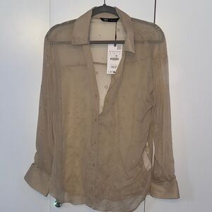 Zara Women Casual Sheer Beige Shirt